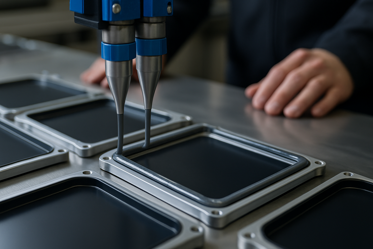 自动点胶设备按比例混合分配2K导热硅胶，操作员监控胶层平整度，侧重体现现代工业打样自动化和胶层细节。