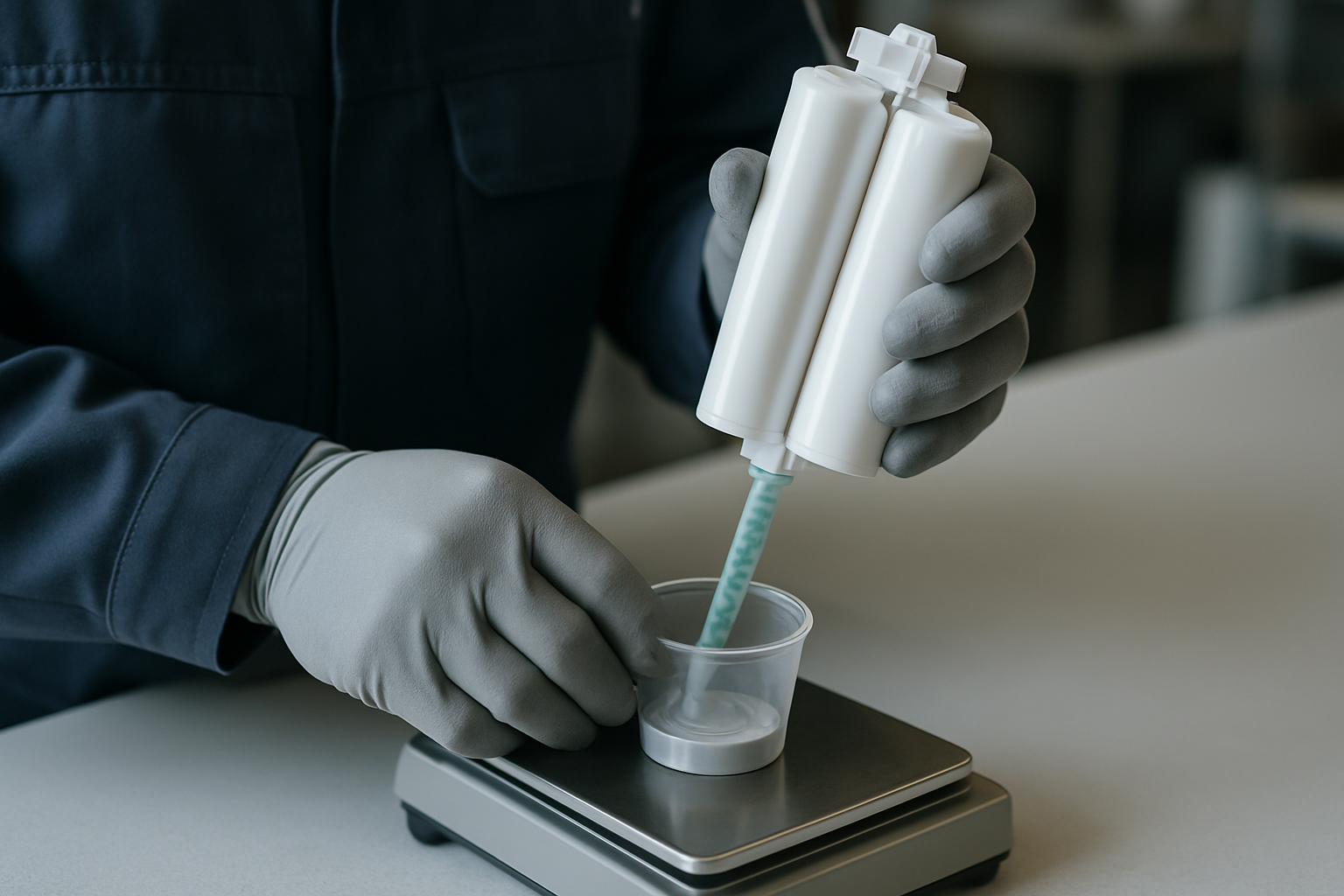 展现导热硅胶专业混配过程，突出精细称重与操作规范。