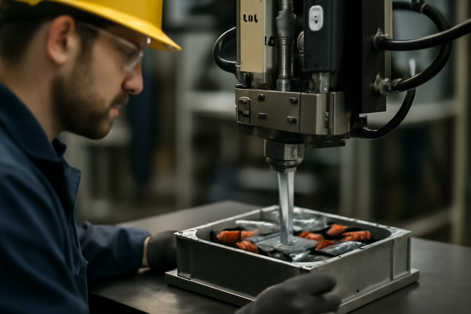 操作员用自动化点胶机准确混合A/B组分，将高导热硅胶注入电源模块，确保比例精准和表面平整。