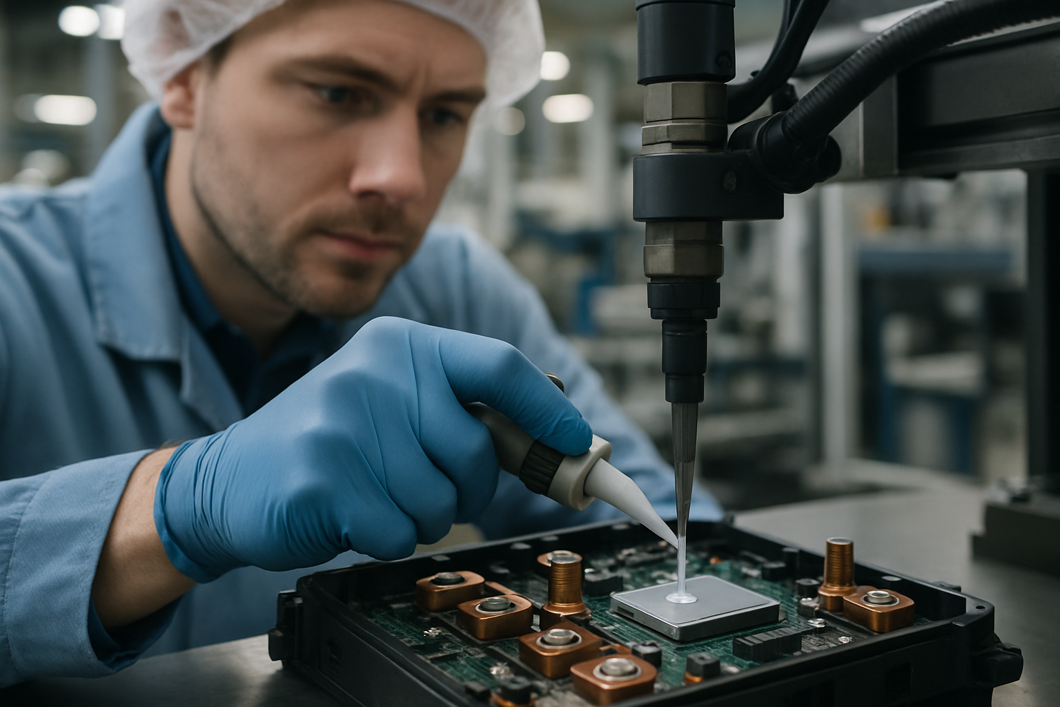 技术员在汽车电子板自动化工装点胶导热硅胶，突出工业场景匹配。