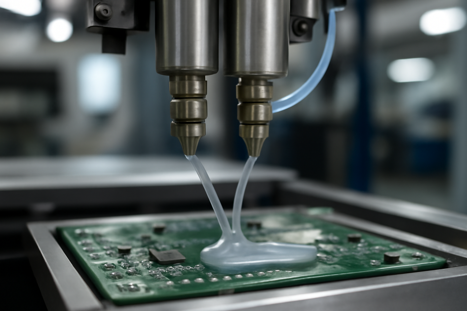 展示导热硅胶凝胶在自动点胶系统中的实际应用，突出混合精准与点胶成型效果。