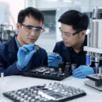 展示摄像头模组调焦场景中，工程团队对双重固化胶进行实验室筛选与工艺验证的画面。